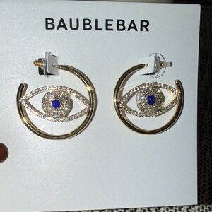 BaubleBar Gold Evil Eye Earrings (hoops) with clear rhinestones & Blue Accent